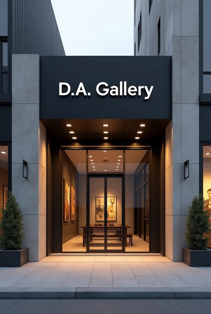 A sleek, modern gallery entrance with the "D A Gallery" sign prominently displayed.