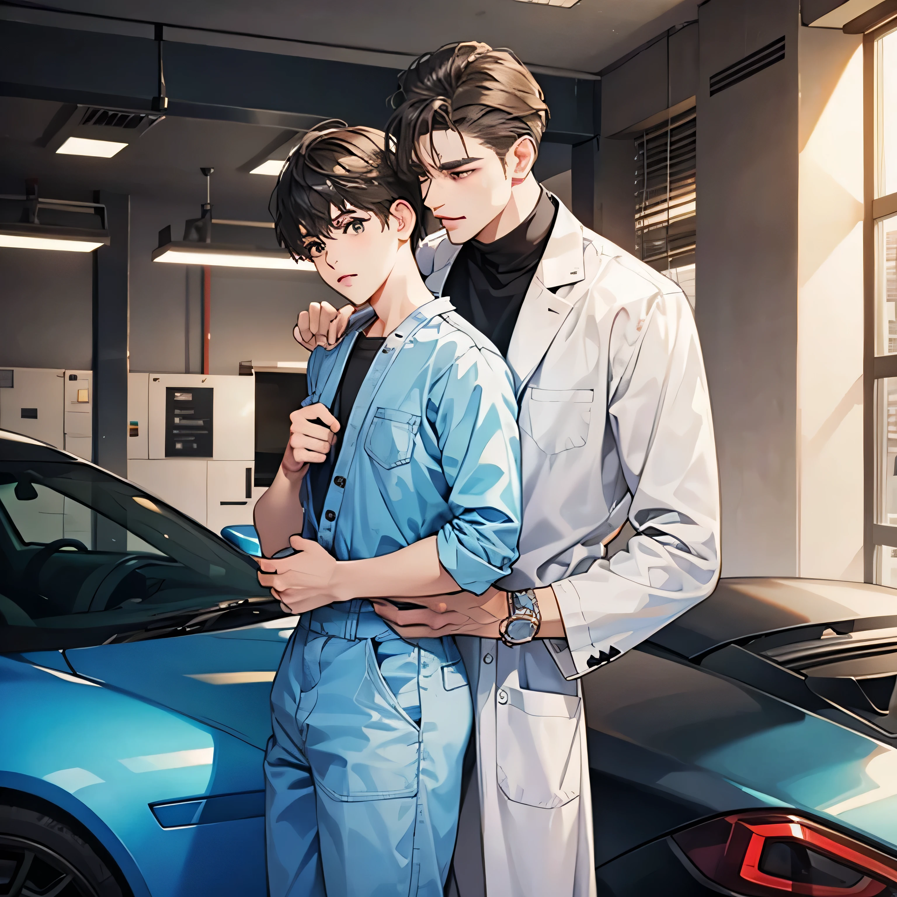 HDR A cute guy in overalls gets hugged by a handsome guy in a lab coat and a sports car.
