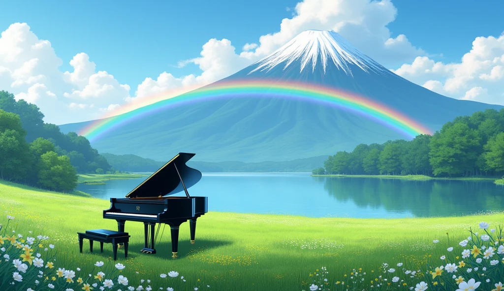 「A black grand piano standing in a lush green field、A rainbow over a lake and a majestic mountain、Tranquil scenery」
Big rainbow arch light: Asahi、Soft light season: Summer painting style: Photo style、
others: fog、Colorful flowers、