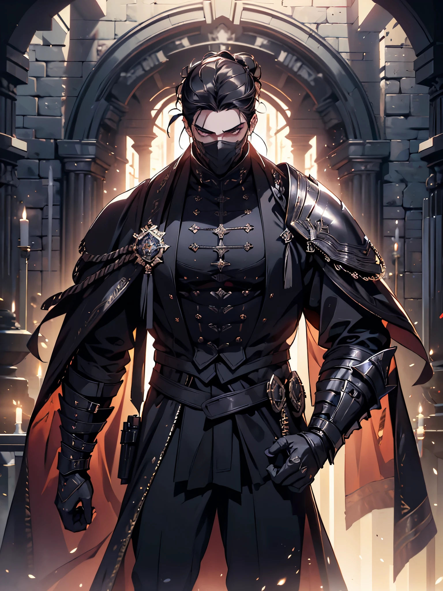 (masterpiece, high quality, cinematic lighting, backlighting, sharp colors)
Tall muscular young man, black hair tied in a bun, dark eyes, compact muscles. Face hidden by a full iron mask, expressionless. Wears medieval robe, leather shirt and pants, armor plates on vital areas. Dark crime scene background, shadowy atmosphere.