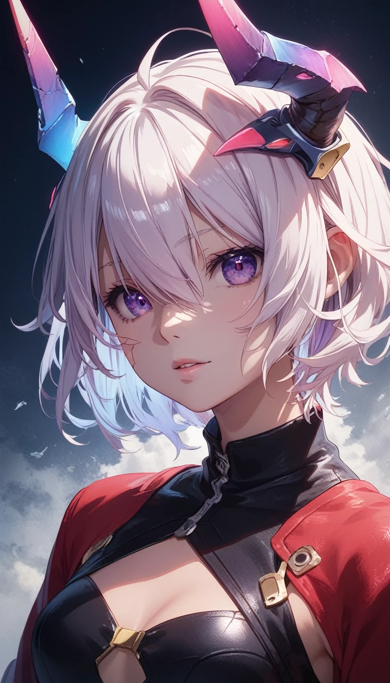 4k portrait,machina,1 boy,muslce,sharp focus,colored skin,grey skin,cracked skin,short hair,white hair,hair over eyes,purple eyes,one eye revealing under hair, portrait,detailed skin,detailed eyes,menacing,headgear,horns,upper body