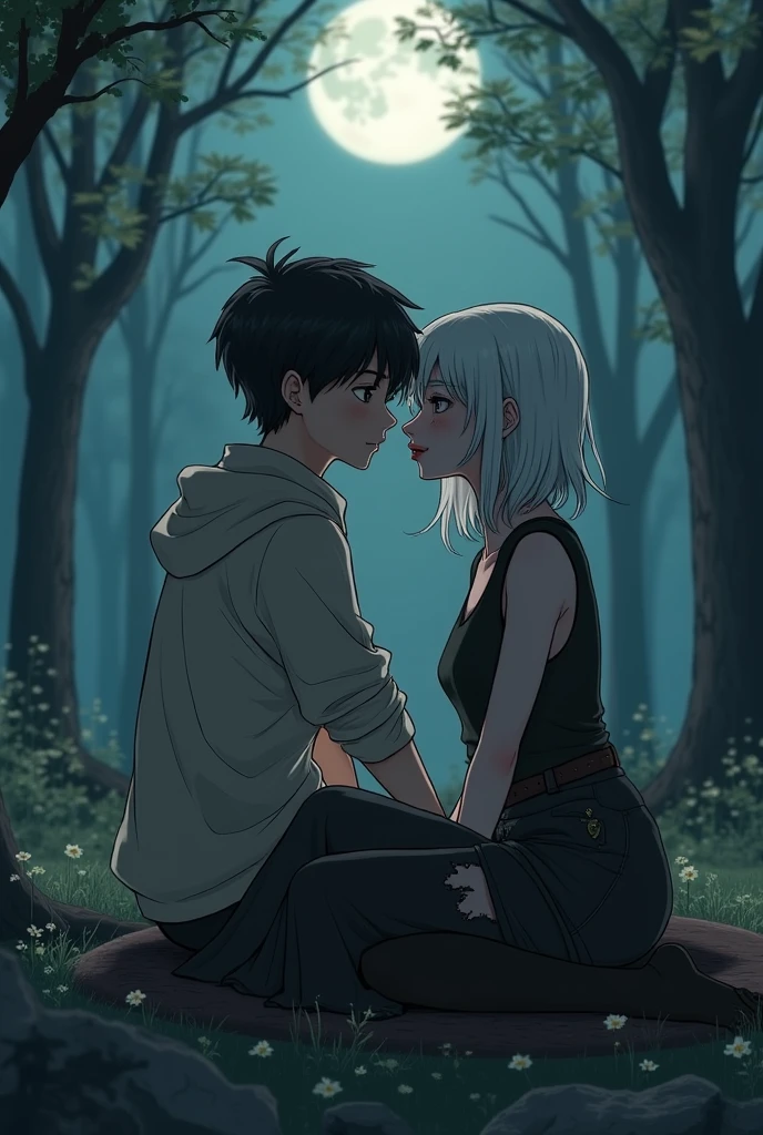 The scene shows a couple of teenagers who seem to enjoy each other's company.. They are watching each other sitting in a forest in the moonlight. The boy is approximately 1.54 meters tall and has a round face with somewhat marked cheekbones. His eyes are small and his haircut is short, inspired by the shape of a mushroom. She has somewhat thick lips adorned with two piercings., one on each lip, In addition to a bull-shaped nose piercing. Her style of dress is loose and comfortable., reflecting a preference for loose clothing.
at your side, There is a girl of 1.56 meters high. it's white, slim, and her face has a fine, oval shape. Her hair is short with defined waves. His clothing is dark, consisting of a skirt and tights that are somewhat torn, a wool vest, y una polera slim, which gives it an elegant air.