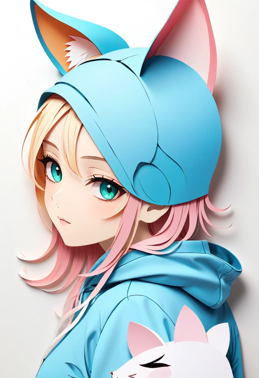 Paper cutting art,(Flat paper cutout,Paper Art,layered Paper Art,Paper Quilting, Digital Art),against a pure white background, girl,Blonde Hair Color、Cat ears of the same color as the hair、Turquoise Eyes、Pink short sleeve hoodie、(Attention to detail, masterpiece, Highest quality, Ultra-high resolution)