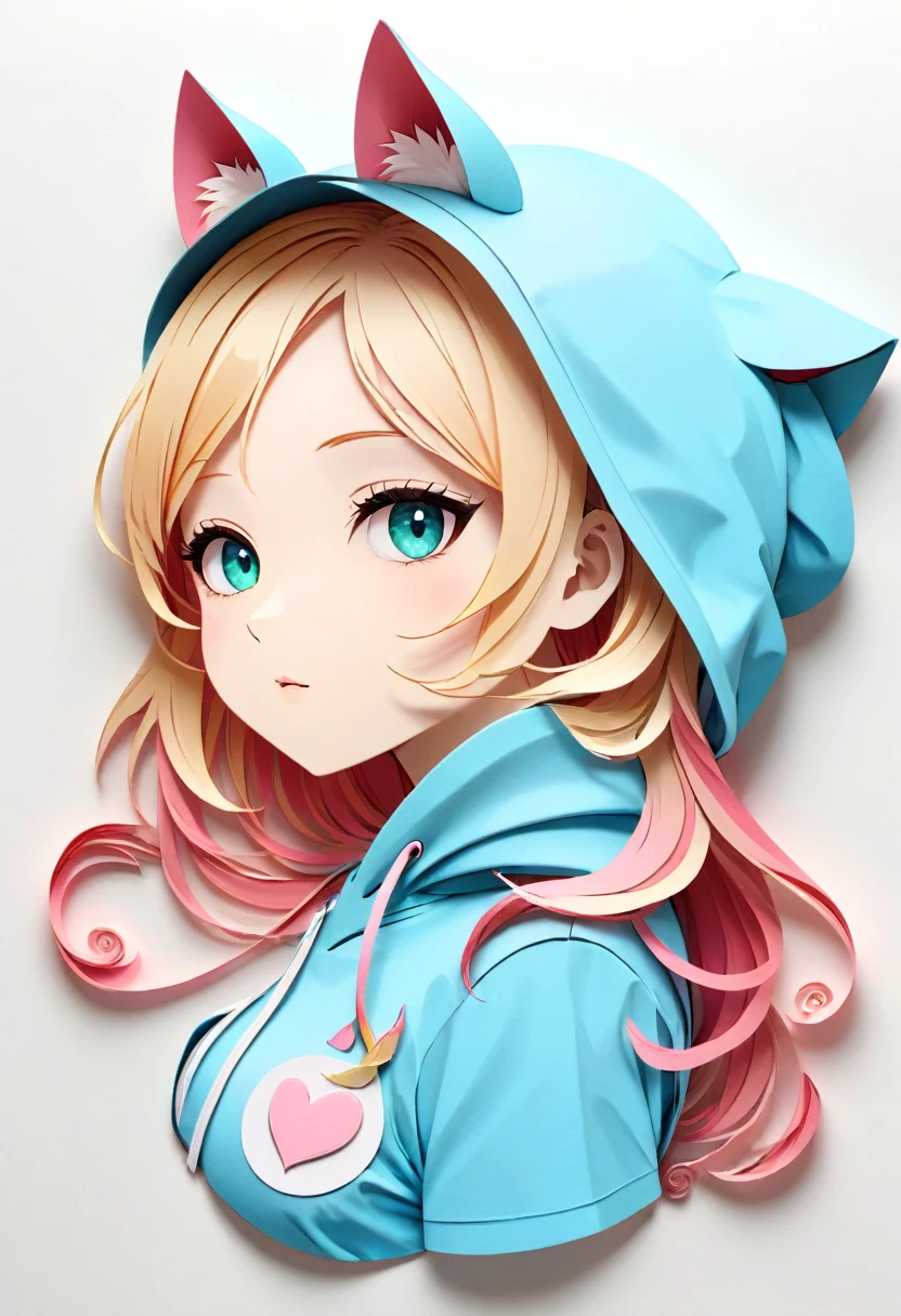 Paper cutting art,(Flat paper cutout,Paper Art,layered Paper Art,Paper Quilting, Digital Art),against a pure white background, girl,Blonde Hair Color、Cat ears of the same color as the hair、Turquoise Eyes、Pink short sleeve hoodie、(Attention to detail, masterpiece, Highest quality, Ultra-high resolution)