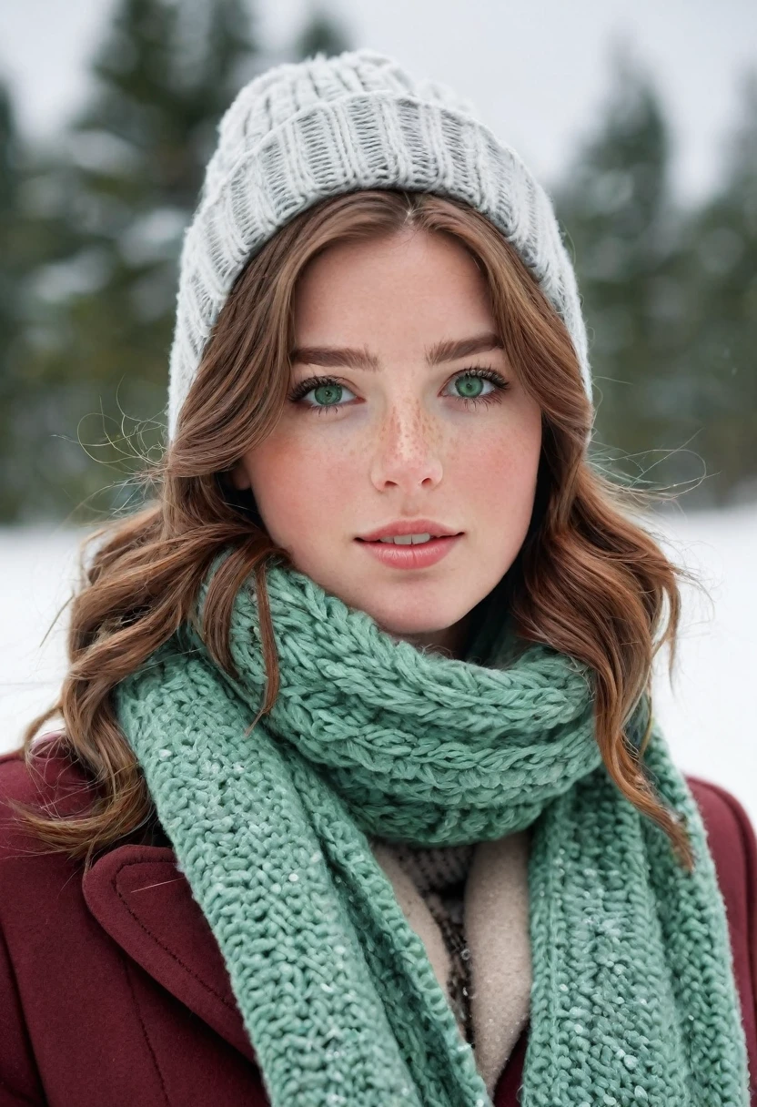 A stunning 24-year-old woman with chestnut brown hair and deep green eyes is bundled up in a stylish winter coat and scarf, walking through a snow-covered landscape. Her fair skin and freckles stand out against the white snow, and her wavy hair peeks out from under a cozy knit hat. She wears her silver necklace with a small pendant, and her expression is one of joy as she enjoys the winter wonderland."