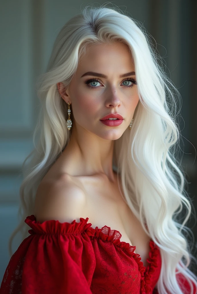 A woman with long white hair blue eyes and red gown