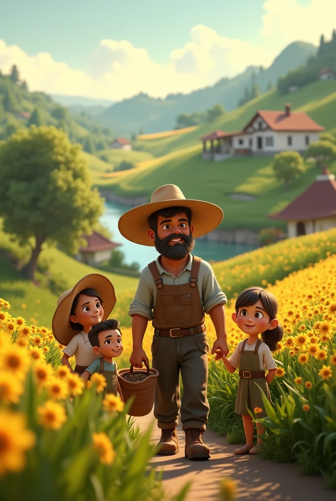 In cinematic 3d cartoon style "This image prompt captures the essence of a farmer's life, showcasing the serenity of early morning in a village, the hard work of the farmer, and the eventual satisfaction and pride he feels with his family."