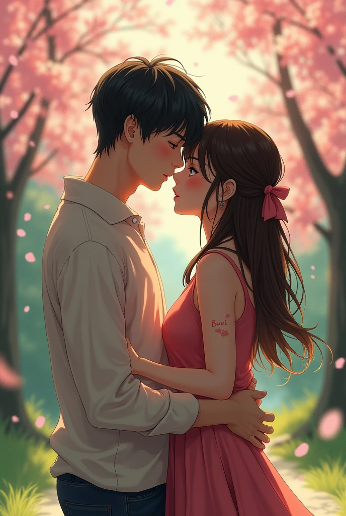 A 20-year-old girl and a boy are sitting in a Japanese park and making love. The boy's shirt has Chamo written on it. The girl's shirt has Ruvi written on it.