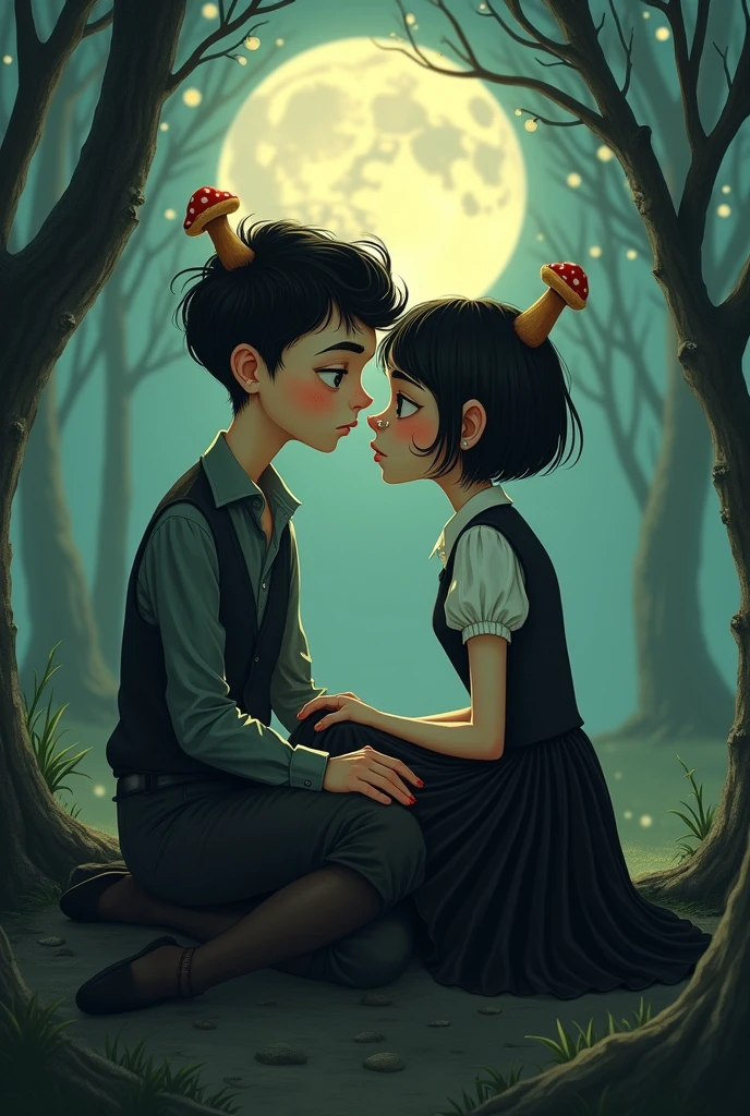 
The scene shows a couple of teenagers who seem to enjoy each other&#39;s company.. They are watching each other sitting in a forest in the moonlight. The boy is approximately 1.54 meters tall and has a round face with somewhat marked cheekbones. His eyes are small and his haircut is short, inspired by the shape of a mushroom. She has somewhat thick lips adorned with two piercings., one on each lip, In addition to a bull-shaped nose piercing. Her style of dress is loose and comfortable., reflecting a preference for loose clothing.

at your side, There is a girl of 1.56 meters high. it&#39;s white, slim, and her face has a fine, oval shape. Her hair is short with defined waves. His clothing is dark, consisting of a skirt and tights that are somewhat torn, a wool vest, y una polera slim, which gives it an elegant air. Do it Tim Burton style.