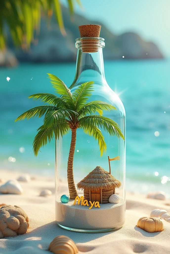 An awe-inspiring 3D render of a glass bottle magically transformed into a miniature tropical paradise. The pristine white sand glistens beneath the warm sunlight, accompanied by sparkling shells and an intricately detailed palm tree swaying gently. A charming thatched-roof hut and a shimmering blue bottle add to the idyllic beach setting, while the sandy message "Maya "exudes joy and tranquility. The cinematic and illustrative style of the rendering immerses the viewer in a sun-drenched, captivating escape. This 32k, 4D, full HDR, and hyper-realistic masterpiece is a testament to the future of digital art and imaging, redefining visual storytelling through its breathtaking depth and detail.