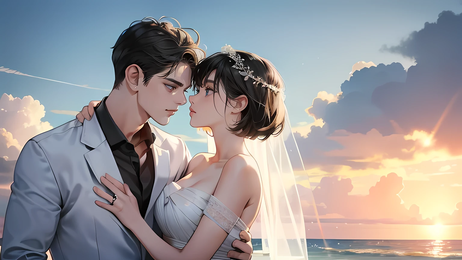 Beach, A romantic couple looking at each other, Love at their wedding, Wedding day, mature man with black hair,Girl with fringe and short black hair (soft smile, shy) (The woman is short.),Different height ((The man is taller)), morning 빛, Glow effect, morning,The face is clear and precise,Facial details,superfine,16K resolution,high quality, High picture details,Dynamic viewing angle,epic shoot,oc rendered, detailed light, detailed shadows