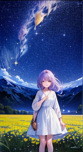 masterpiece、background（（Amazing starry sky、Cosmos、Meteors、Sparkling yellow flowers everywhere、Flower Field））、About 30 years old、Beautiful girl、Glamour、So big it seems to overflow from the clothes、Stunning embroidery on a white mini dress、No shoulders、She has a beautiful flower in her hair、Strong winds、