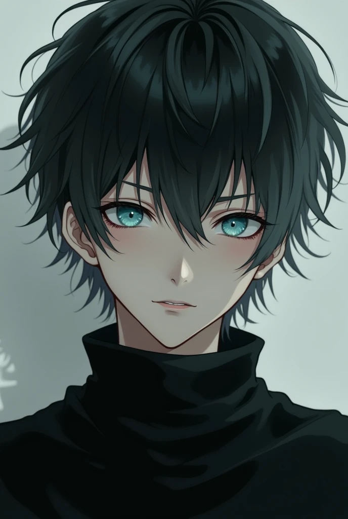 Cyan eyes, short black hair that fades to grey, wearing black shirt with high collar, male