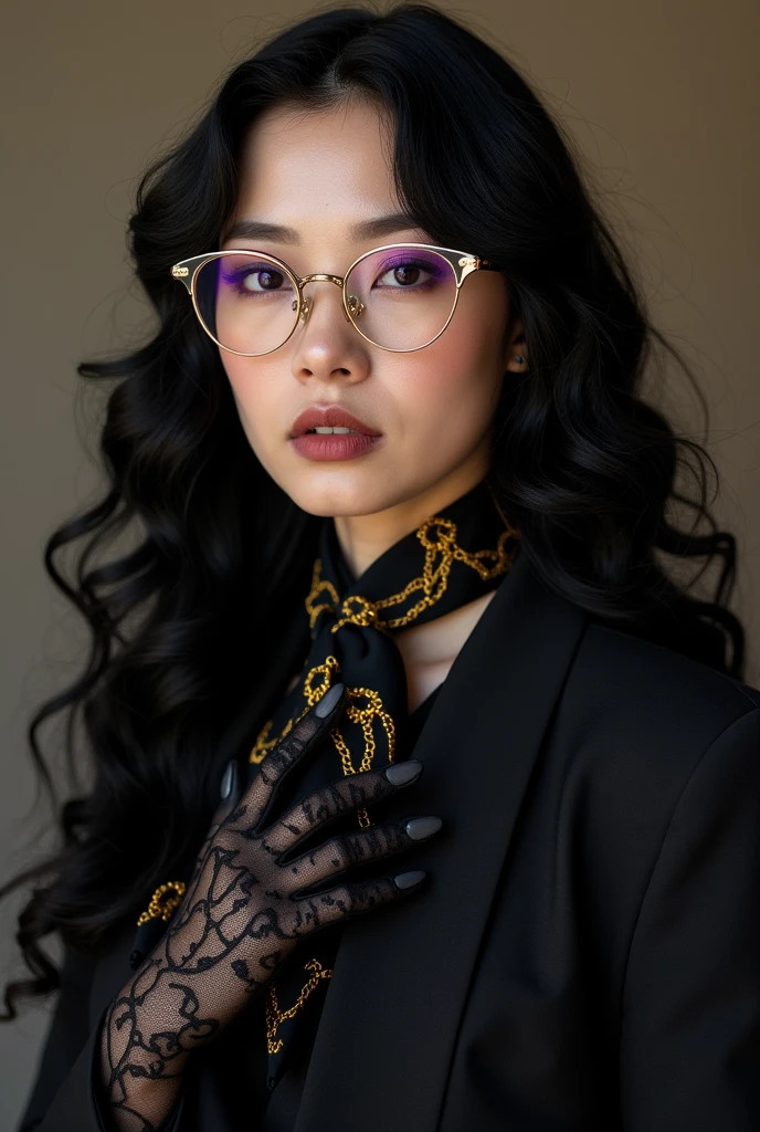With long, curly black hair、Heavy makeup and purple eyeshadow、Dark eyeliner、Around her neck she wears a ribbon-shaped satin black and gold chain patterned scarf.、Wearing gold-rimmed glasses、Wearing long gloves made of black rose lace、A Japanese woman in her 40s wearing a striped white suit is licking her fingers obscenely with her tongue