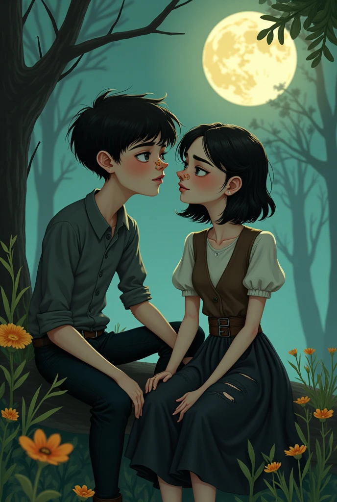 The scene shows a couple of teenagers who seem to enjoy each other's company.. They are watching each other sitting in a forest in the moonlight. The boy is approximately 1.54 meters tall and has a round face with somewhat marked cheekbones. His eyes are small and his haircut is short, inspired by the shape of a mushroom. She has somewhat thick lips adorned with two piercings., one on each lip, In addition to a bull-shaped nose piercing. Her style of dress is loose and comfortable., reflecting a preference for loose clothing.
at your side, There is a girl of 1.56 meters high. it's white, slim, and her face has a fine, oval shape. Her hair is short with defined waves. His clothing is dark, consisting of a skirt and tights that are somewhat torn, a wool vest, y una polera slim, which gives it an elegant air. Do it Tim Burton style.