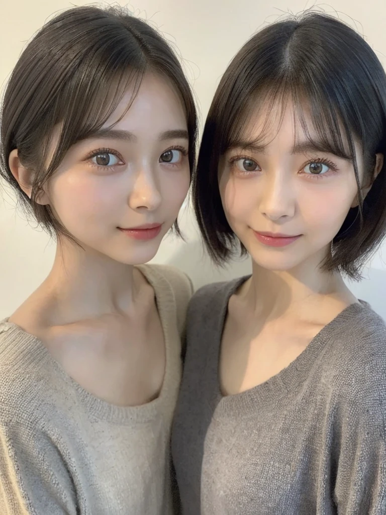 (masterpiece:1.3), (8k, Photoreal, Raw photo, best image quality: 1.4), Japanese high school girl、(random hairstyle:1.2)、cleavage:1.5、super detail face、eye for details、double eyelid、chest to chest、sharp focus:1.2、Beautiful woman:1.4、light brown hair、highest quality、masterpiece、超A high resolution、(Photoreal:1.4)、Highly detailed and professionally lit smiles、loose and light knitwear、shoulder out、thin、serious expression、short haired、deadly position
similar identical twins
All the girls have the exact same face, The two have the same face and figure, as if they were mirror images.