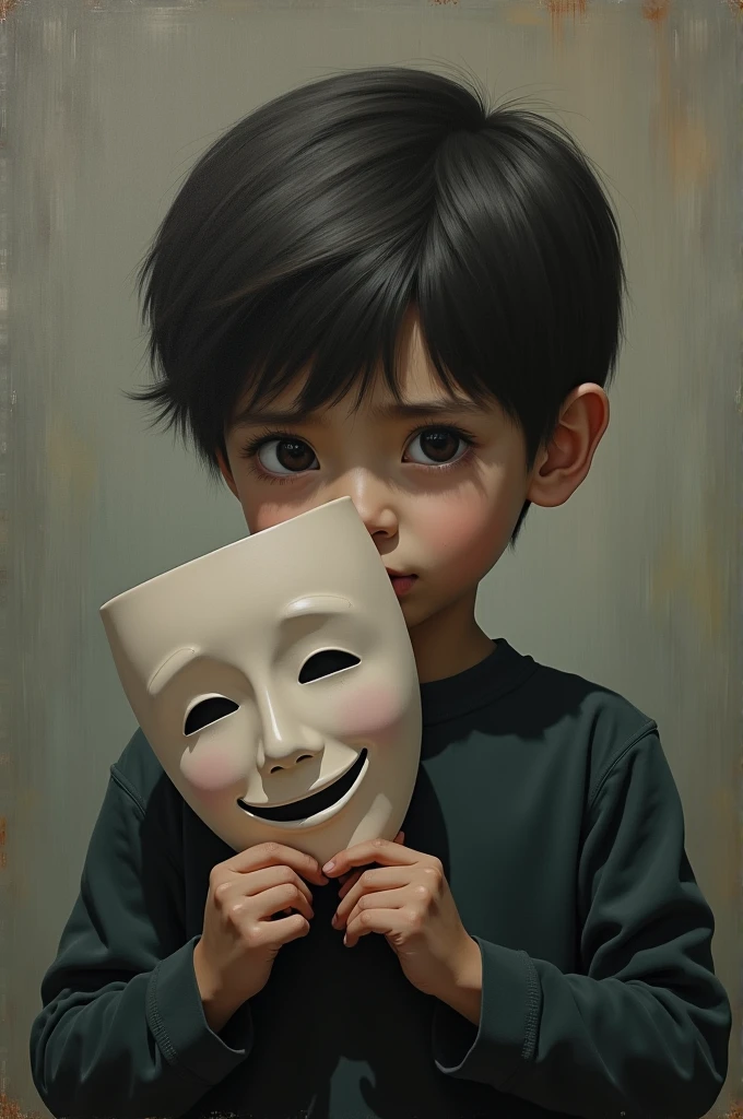 Painting with a boy holding a smiling mask beside his face and he has a sad expression