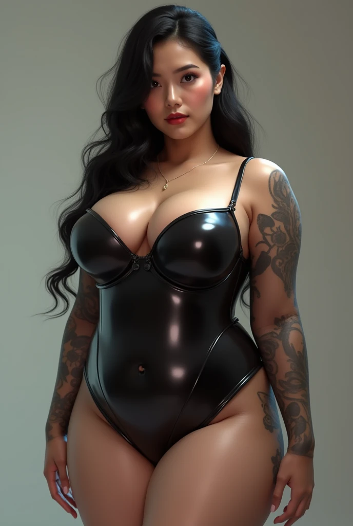 Asian female with (gigantic breasts:1.2), fakebreasts, full body, well formed breasts, big ass, in latex double suit