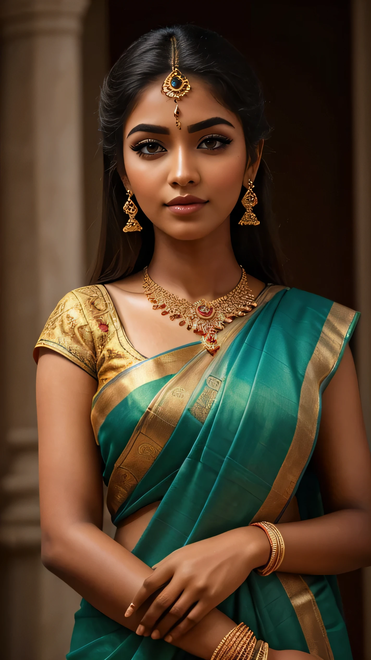 (high quality, masterpiece, HDR, 256K), (hyper-realistic, photorealism) 20 year old extremely beautiful Tamil girl, (intricate detailed extremely beautiful face, eyes, ears, nose, lips, textured skin), eyes symmetry (lips tightly closed). Full Body holding wrist. Wearing rose shudithar and thuppatta. Straight Front View.