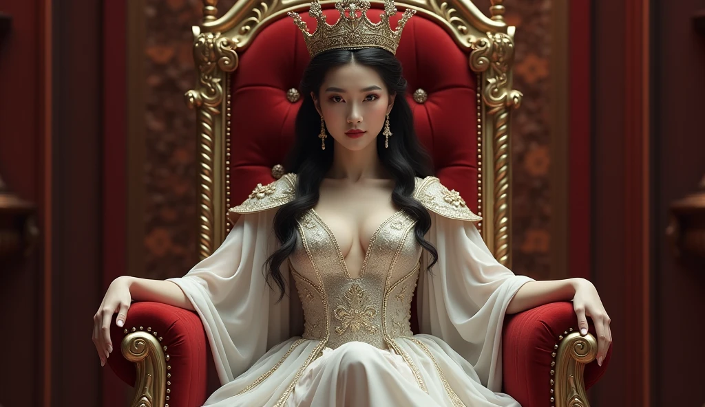 a girl, queen, crown, long black hair, curly hair, king's robe, lingerie, inside a castle, best quality, masterpiece.