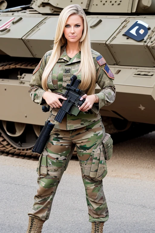 USA military , full body she is waiting to make love to you, , European woman, military uniform, tight top, huge breasts, blond and long and straight hair, blue eyes, breasts visible