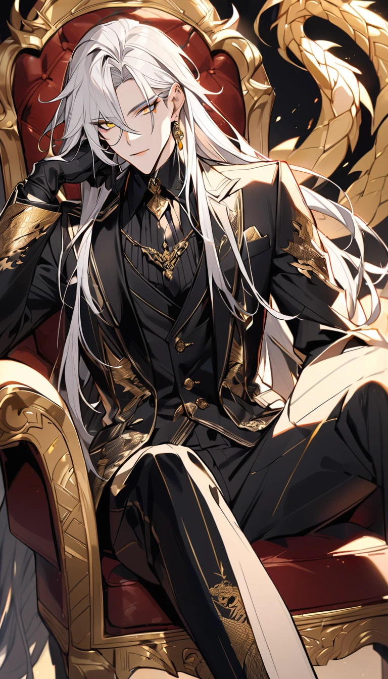 Handsome, solo, 1 male, long hair, white hair, yelow eye, wearing a black shirt, black and white suit, and black dress shoes, sitting on a golden chair with extremely beautiful and majestic dragon-engraved details.