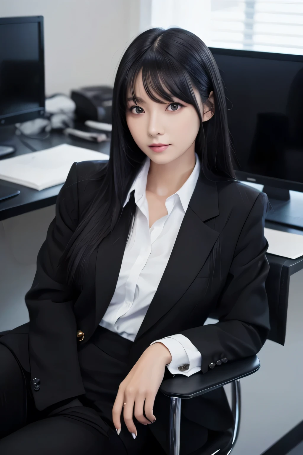 beautiful adult woman, (black hair:1.1), shiny hair, long hair,
straight hair, slant eyes, sharp eyes, sitting chair,
black jacket, computer, business suit, white shirt, at office