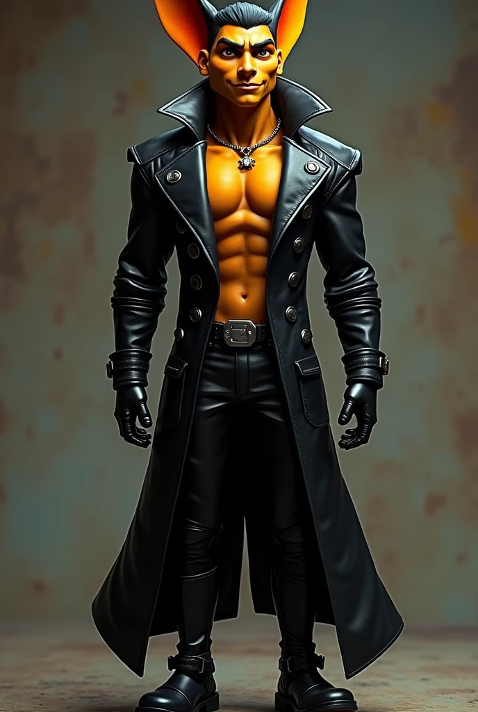 spawn Ratchet from Ratchet and Clank in a long black leather coat with no shirt under the coat