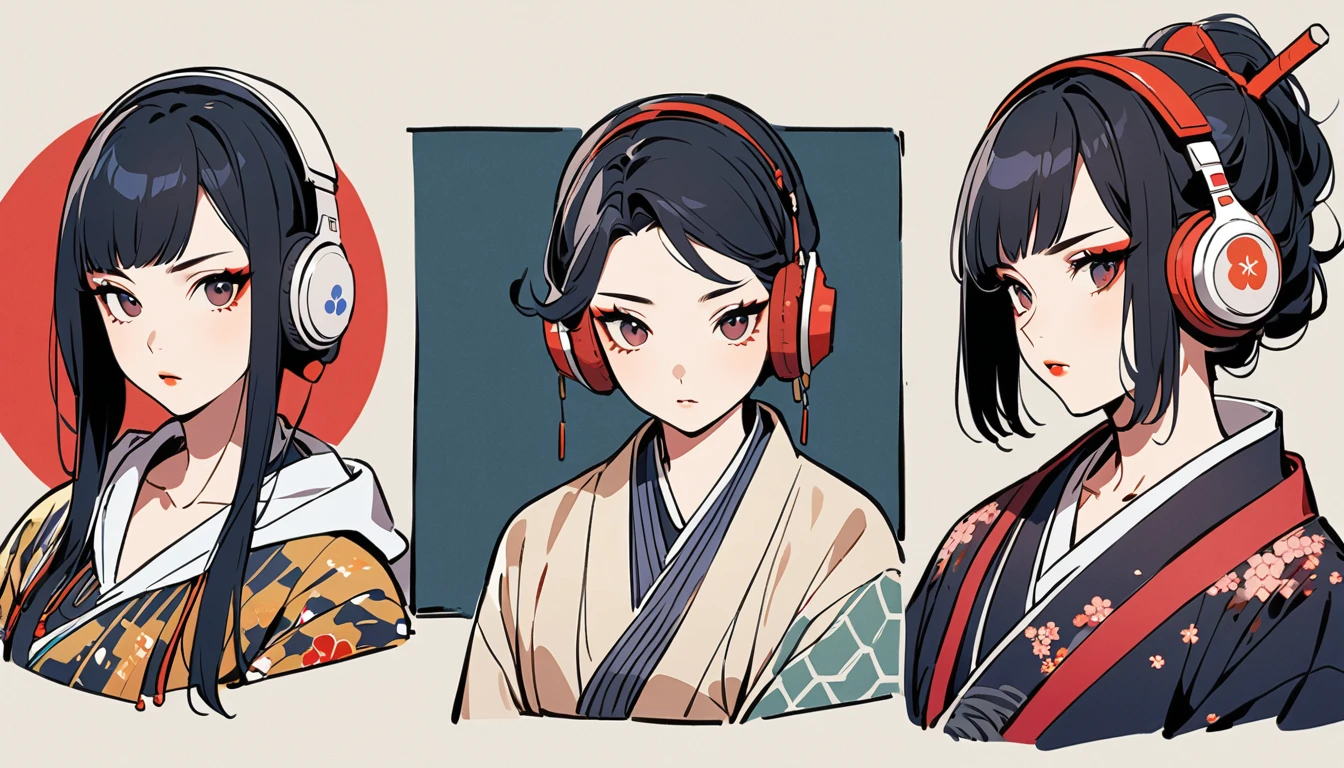 (((1 girl))), (((Flashy makeup))), (((Japanese style headphones))), (((Japanese pattern hoodie))), (((Japanese sword))), (((Female samurai))), Japanese beautiful girl, Black Hair, Delicate and precise, Modern ukiyo-e style, Japanese flag, battle style