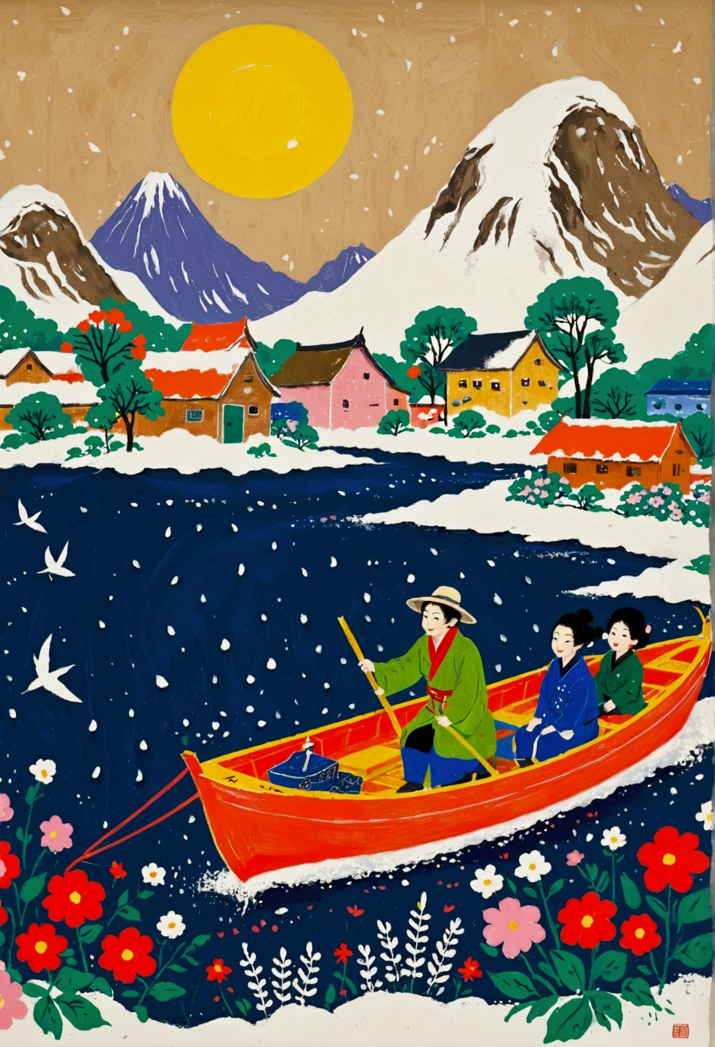 There is a painting，The painting shows a bouquet of flowers in the snow, author：Asainaka, author：Fujishima Takeji, author：rainer hosch, author：Kayo Yamaguchi, author：Masasaburo Watanabe, author：sailing on fast water, author：Naohisa Inoue, author：Tomioka Tessai