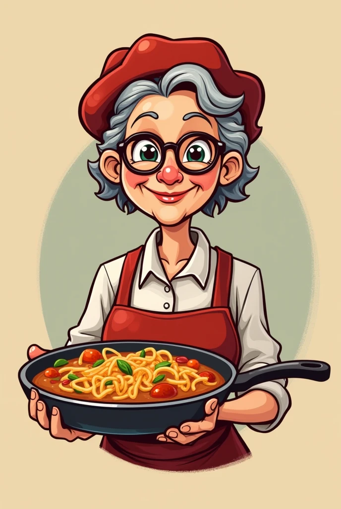 Make a logo for a lunch restaurant. Maria is already an older person, but not that old. If she can go out with a frying pan, it would be perfect.
