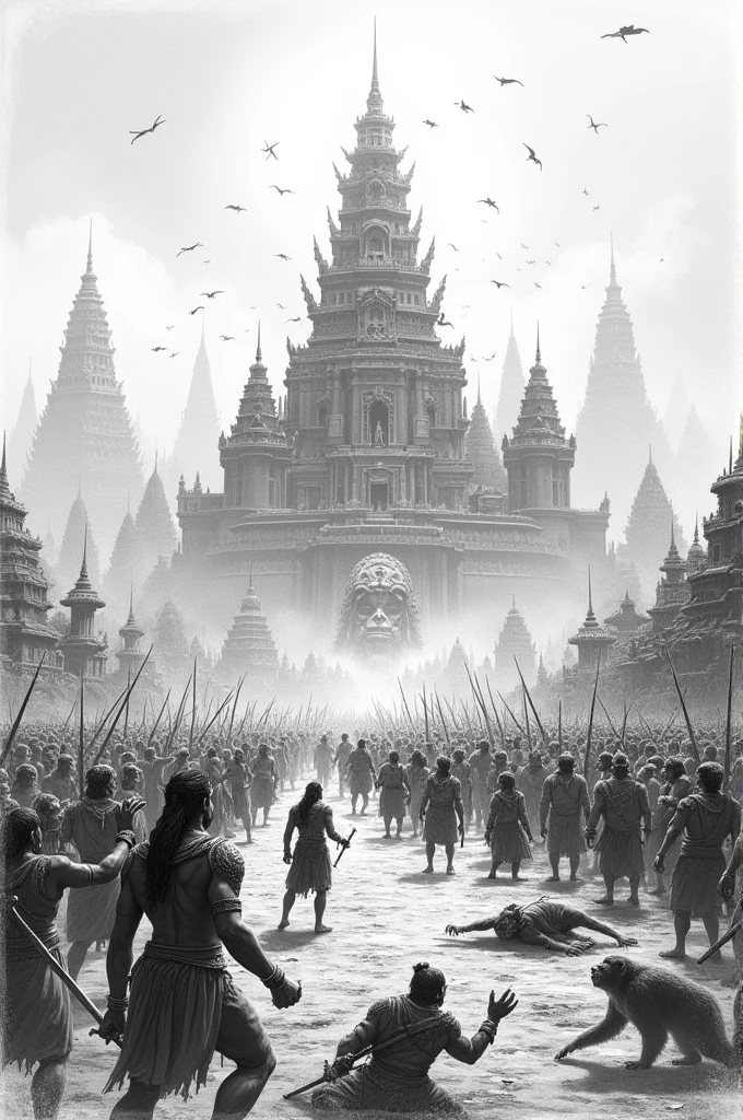 I can describe the scene to you in words:

The battlefield of Ramayana is depicted as a vast, open plain, with armies of monkeys, bears, and demons clashing against each other. In the distance, the majestic city of Lanka, with its towering walls and golden spires, rises above the chaos. The air is filled with the sounds of clashing steel, the cries of warriors, and the roar of the monkey god Hanuman.

In the midst of the battle, Lord Rama, Prince Lakshmana, and their allies fight valiantly against the forces of Ravana, the demon king. The ground is strewn with the bodies of the fallen, and the skies are filled with the arrows and celestial weapons wielded by the gods.

I hope this description helps you visualize the scene. Create an Image according to this.It should be like a pencil drawing