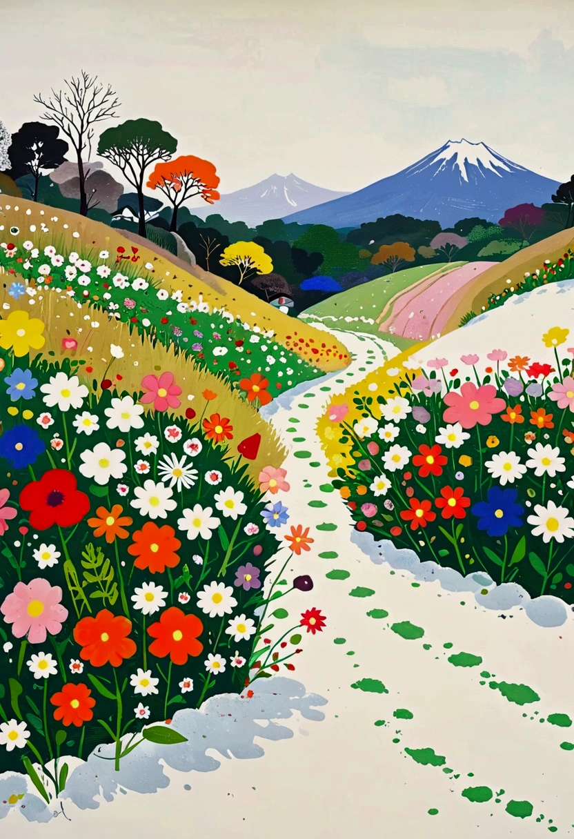 There is a painting，The painting shows a bouquet of flowers in the snow, Tadashi Asai (Asai Chu) Minimalism, tumblr, Concept Art, author：rainer hosch, Exquisite garden on paper, Naoya Tanaka, Flowers in the field, Minimal Art, grassland flowers, grassland, Wildflowers, Hyouji Yuji, Akira Yasuda, Kurumida Masami