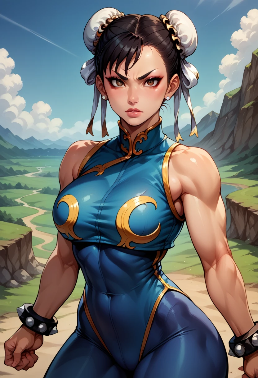 score_9, score_8_up, score_7_up, BREAK, score_9, 1girl, chun-li (\street fighter)\, black hair, brown eyes, makeup, eyelashes, short hair, breasts, looking at viewer, fist on hand, lips, alpha_costume, blue bodysuit, blue leotard, blue vest, sleeveless, cowboy shot, landscape, street