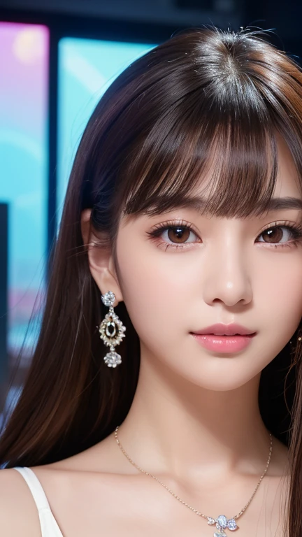 masterpiece, (photoGenuineistic: 1.4), highest quality, Beautiful lighting, Japanese , alone, jewelry, Earrings, (black eye、Big eyes、Baby Face:1.2), Outdoor, Scapula, Glowing Lips,Genuine, bangs, (Golden ratio face、plump lower lip、Pink Lips、Trendy Korean-style makeup for young women:1.4)、fine grain、Detailed nose、Fine ears、Glossy lip detail、Colored Stone Necklace, (Big Breasts:1.8),(Sleeveless white lace shirt:1.6)、(CG Unity 8k high resolution wallpaper), Complex, Attention to detail, Sharp focus, dramatic, beautiful girl,(The water surface is reflected、Blurred Background、The entire background is a full moon、Big full moon、Night view:1.6)、(smile、Brown Hair、short hair、Hair Bun、bangsが揃っている:1.2)、BREAK (from the front:1.6)