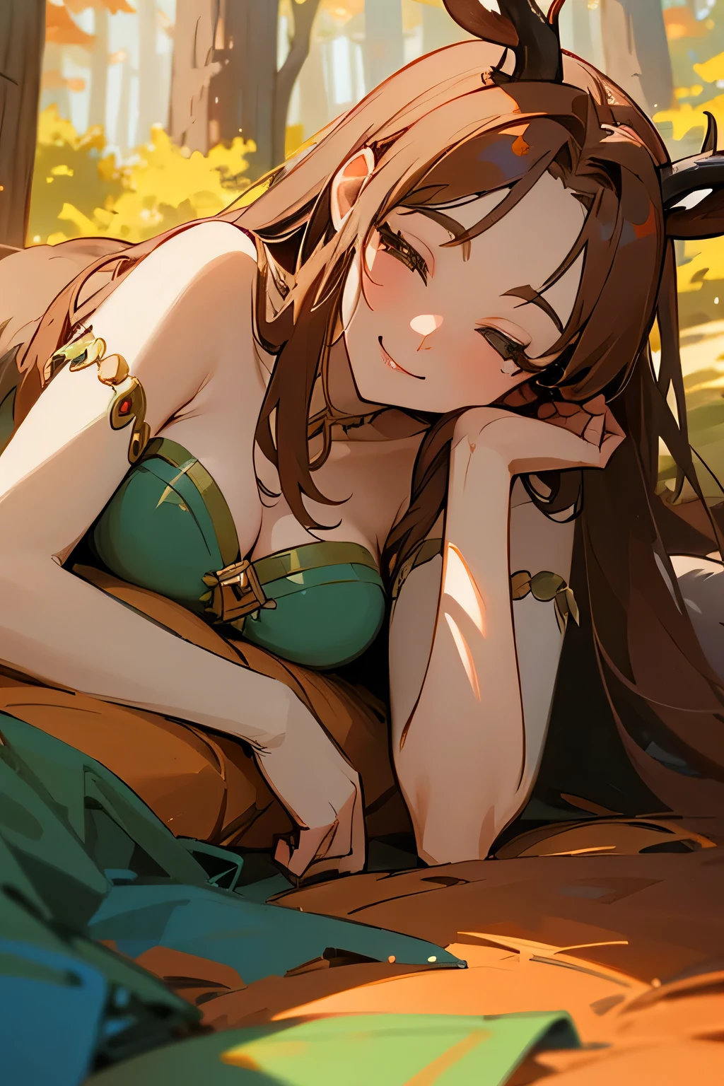 ((best quality)), ((masterpiece)), (detailed), The smiling goddess, lying down, horizontally, In the autumn forest, Background with deer and squirrels around, Lying down so that your chest is visible. The face is closer to the left