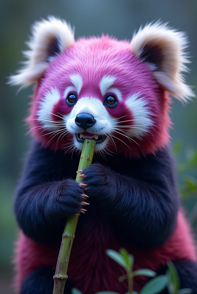 Cutest fluffy purple panda eating bamboo, Galaxy background 