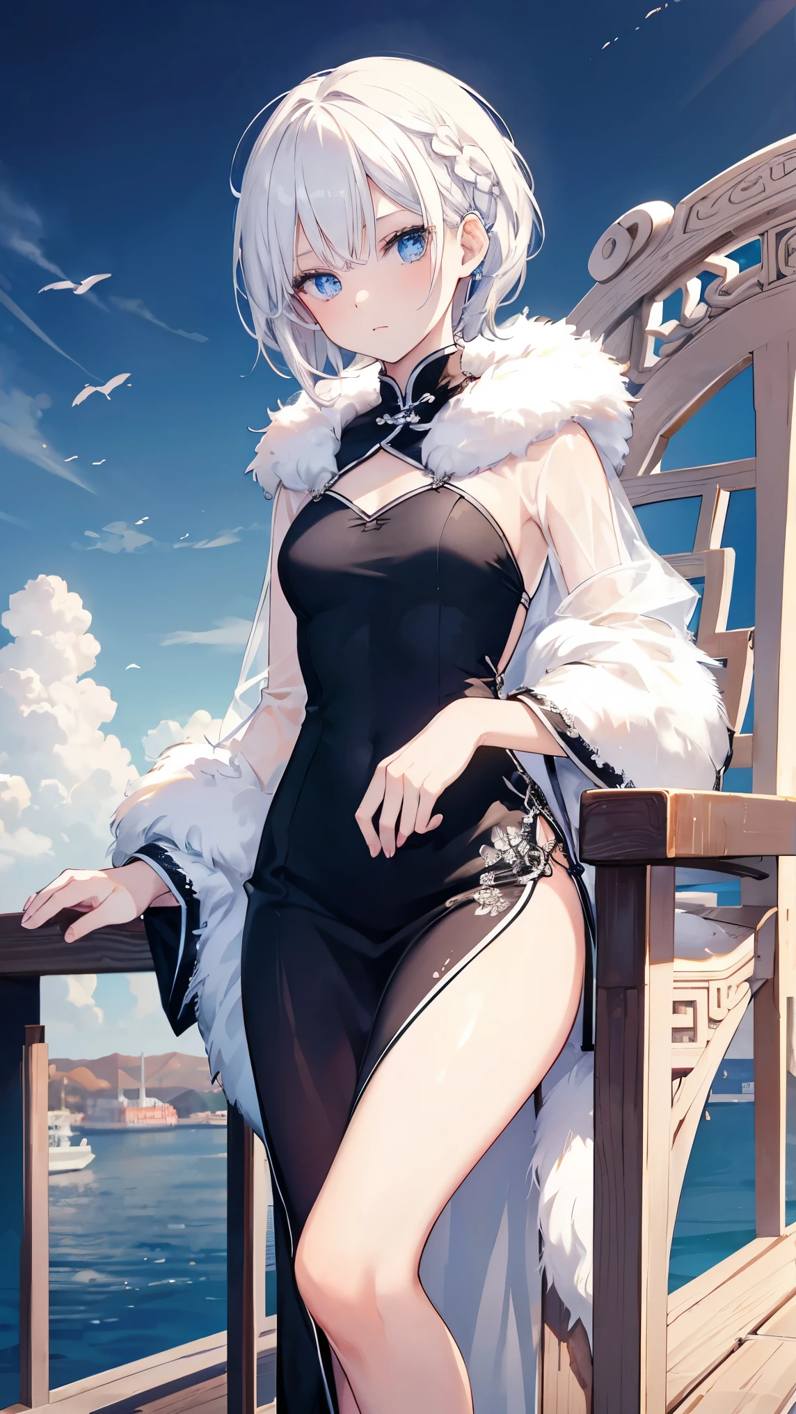 ,girl,Highest quality,White Hair,White skin,blue eyes,Very short hair,Braiding,Cat Eyes,China dress,fur,See-through,Toned body,slender,Mansion,Deck chair,