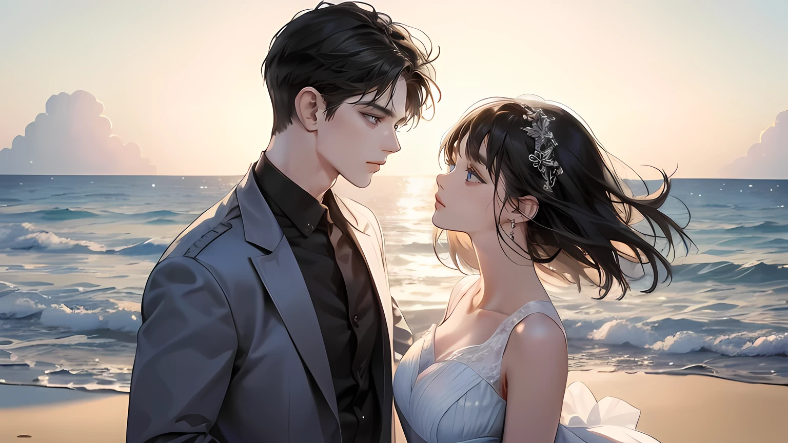 Beach, A romantic couple looking at each other, Love at their wedding, Wedding day, mature man with black hair，Girl with fringe and short black hair (soft smile, shy) (The woman is short.)，Different height ((The man is taller)), morning 빛, Glow effect, morning，The face is clear and precise，Facial details，superfine，16K resolution，high quality, High picture details，Dynamic viewing angle，epic shoot，oc rendered, detailed light, detailed shadows
