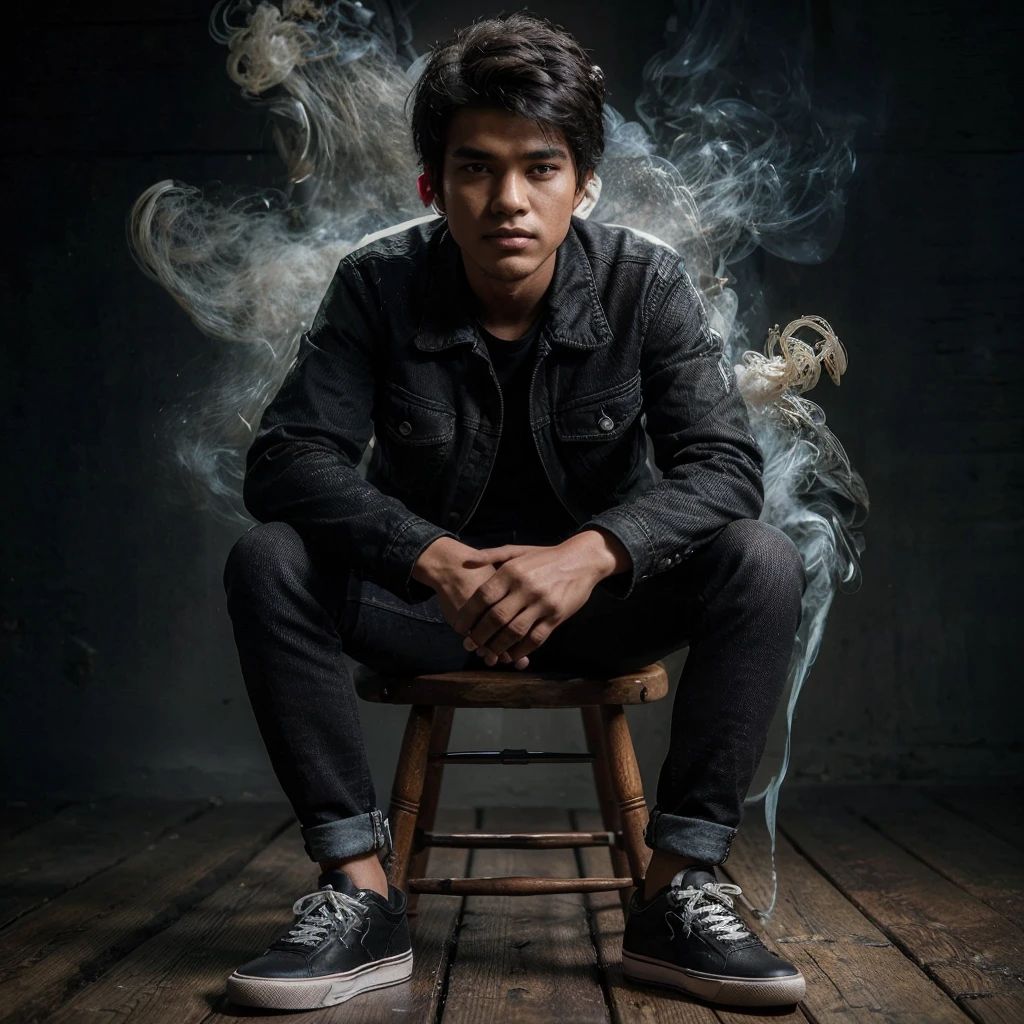 karikatur 3D realist, a young man, face of Indonesia, Use , black jacket, Use celana panjang jeans, Use sneakers, sitting on a wooden chair, while staring, smoke effect, black rustic background photography, UHD, hasselblad X1D II 50c Camera, ISO 200