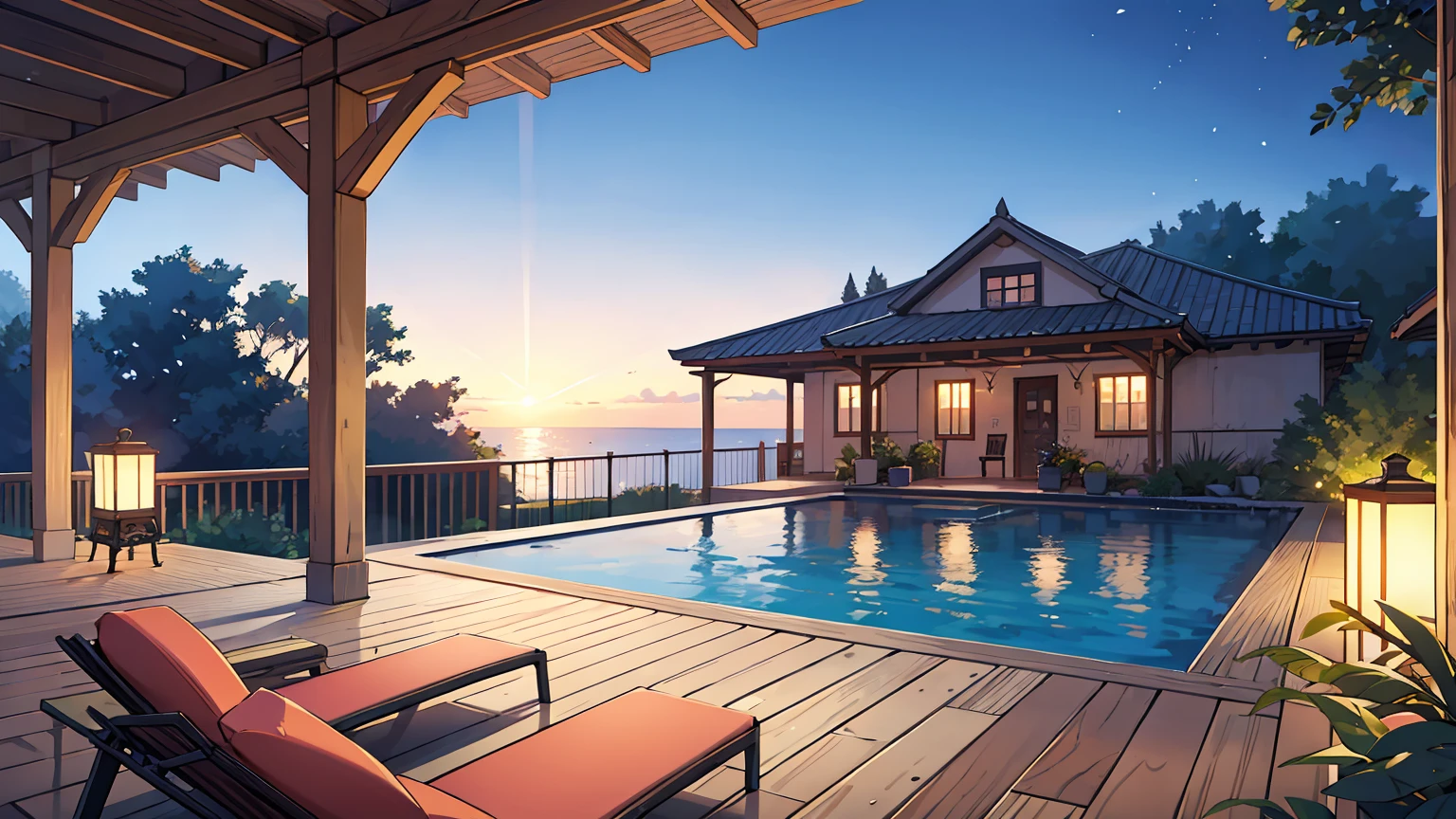(Masterpiece, Top Quality),2 girl, sitting lounge chairs,sunglasses,bikini,top body, Create an image of a tranquil and luxurious outdoor pool area during sunrise, with a clear sky showing gradients of warm colors. Include features such as modern white lounge chairs, decorative lanterns on pillars, a reflective infinity pool that merges with the horizon, and a wooden deck leading to the ocean.
Two women, lying on lounge chairs, wearing bikinis, wearing sunglasses, bust ,View from the side 
  