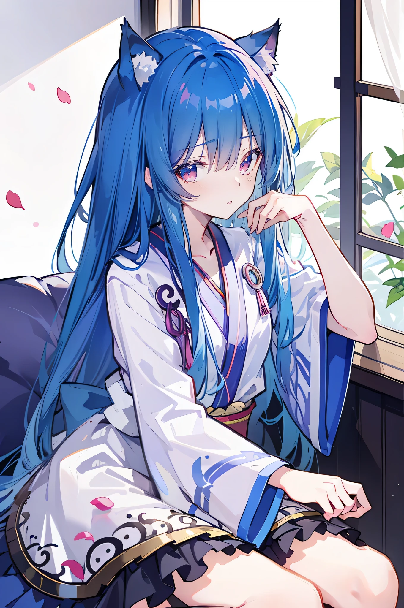 (Masterpiece:1.2)，Ultra-detailed，lifelike，The eyes are expressive，Fair skin，Perfect face shape，1 girl，Japanese Manga，Gorgeous blue hair，Flowing blue hair，Flowing clothes，Cat ears，Petals falling，Shy face，sitting on window，Place your hand on your lips，