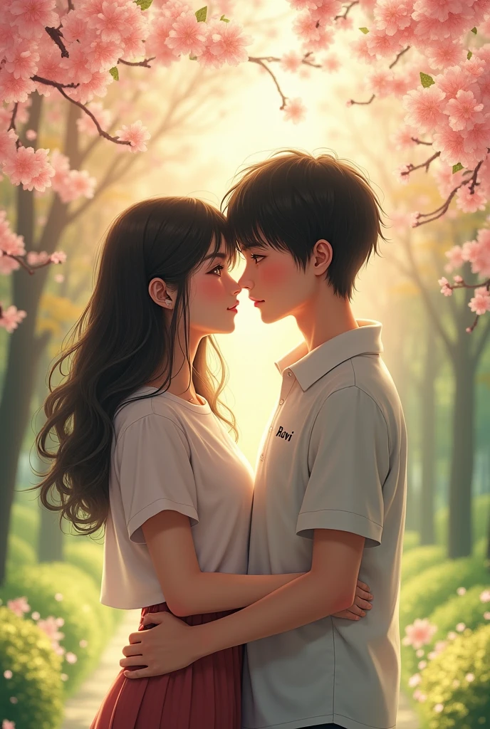 A 20-year-old girl and a boy are in love in a park in Japan. The boy's shirt has Chamo written on it. The girl's shirt has Ruvi written on it.