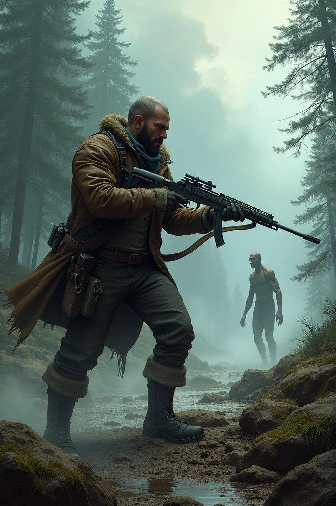 A masculine guy bring a weapon trying to hunt for a tall,thin skinned creature 
