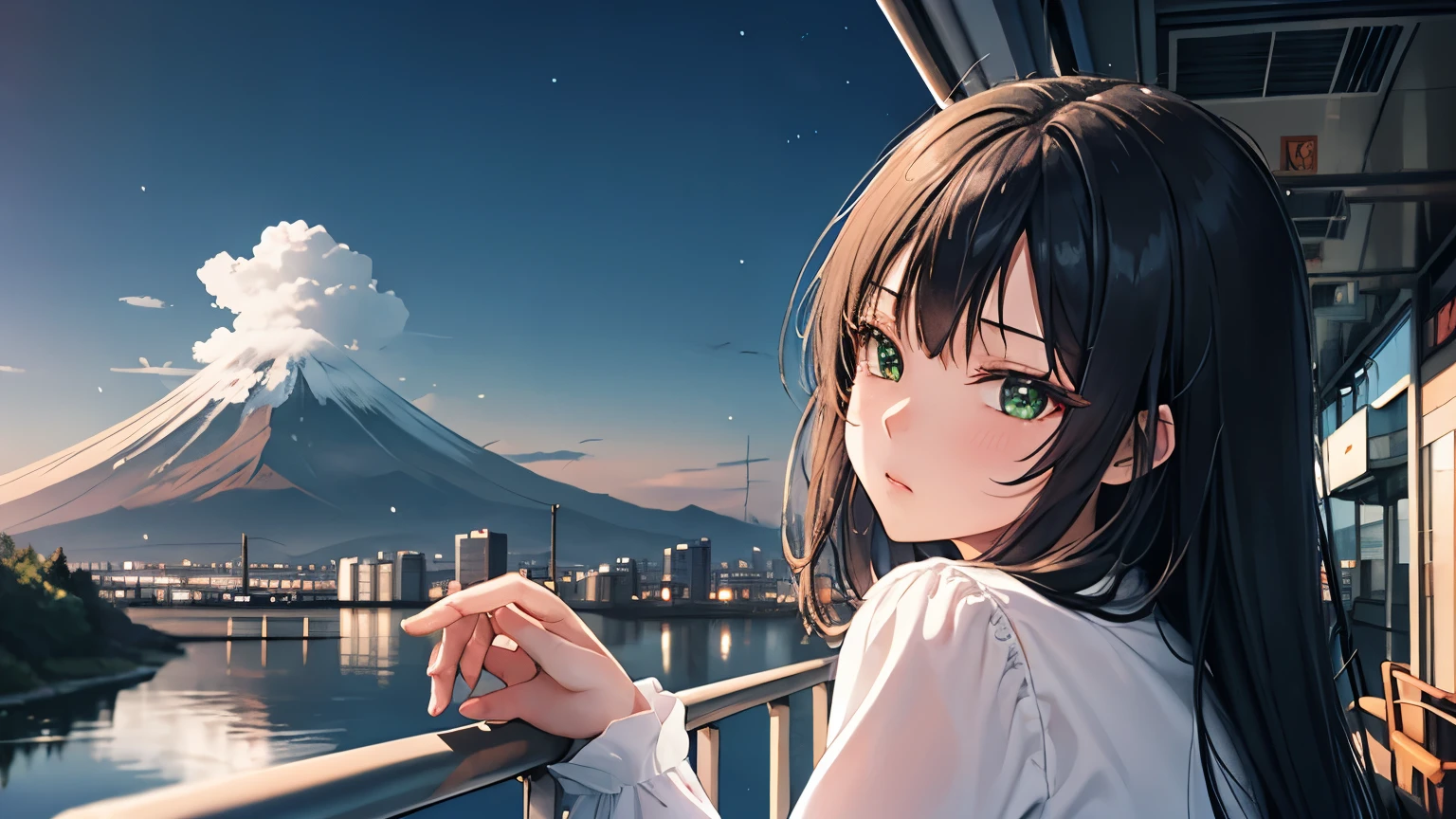masterpiece, Exquisite detail,Highest quality, One girl, alone, handrail, cloud, buildings,Long Hair, NULL, Long sleeve, Power lines, White footwear, Black Hair, Electric pole, bangs, cloudy NULL, fish, bird, Green Eyes, Shorts, Day, Black Shirt, barefoot,Star,milky way,Meteors,Pitch black,Buildings,High quality anime art style,Standing painting,Splash ink background,Blue Themes,Clear Face,Distinct facial features,Fuji Mountain,Fuji Mountain,Buildings in Tokyo,Looking at me,View from behind,Shining Star々,milky way,sitting in water,Bright sky,Daytime,Looking straight ahead,Future City,train,Railroad crossing,sunset,A train running on the tracks,