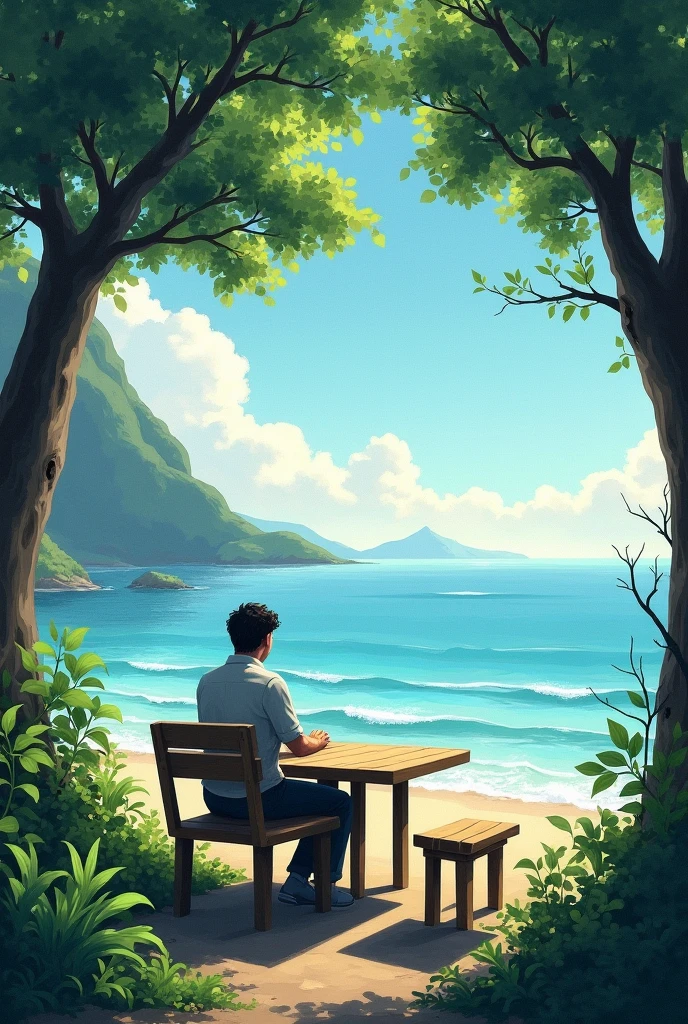 Sea side view with tress and a man sitting on a table 
