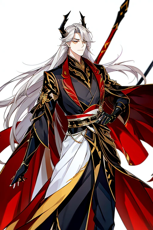 A handsome man with long white hair and yellow eyes, wearing a black shirt, black suit, and a Hanfu with red dragon patterns and gold edges that highlight the aura of a leader. He has golden horns and is standing while looking at the camera, holding a black halberd. Best quality, masterpiece, with detailed face drawing, complete with two arms and two legs, manhua character.
