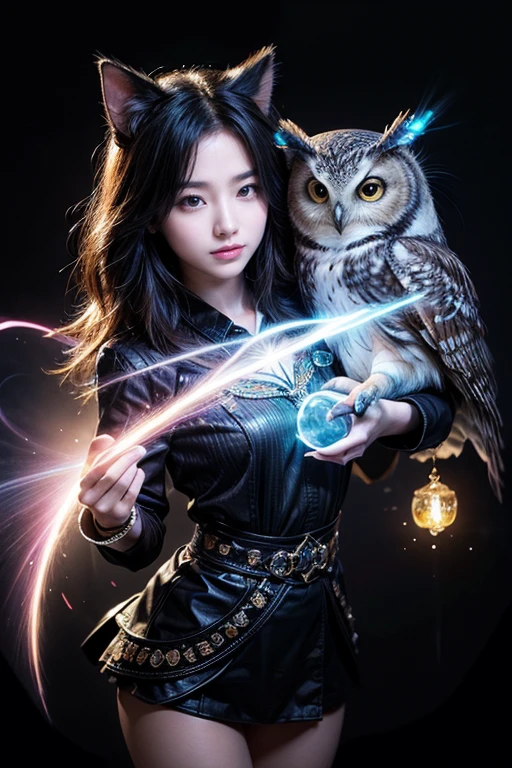 a painting of a colorful owl on a black background,, breathtaking rendering, within a radiant connection, inspired by Kinuko Y. Craft,, magical elements, kitten icon, wow, is beautiful, casting a multi colorful spell, bright flash, flash  