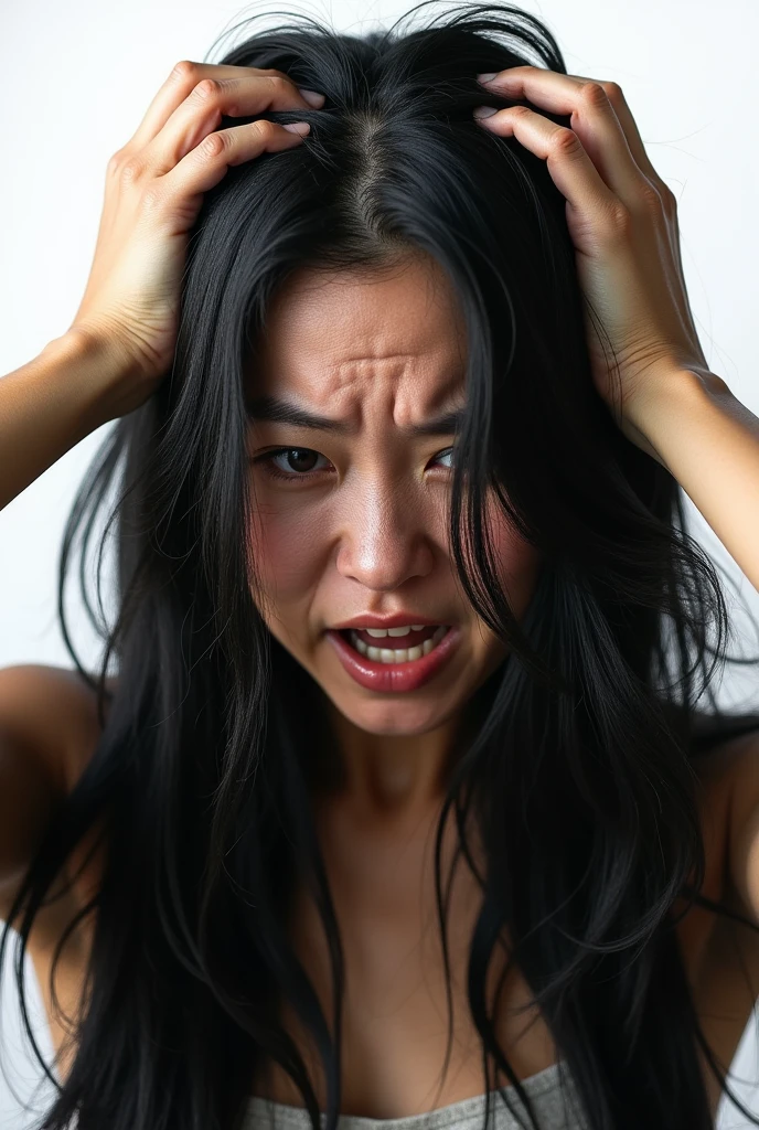 Create an Asian long-haired beauty,Scratching scalp with both hands,There is a lot of dandruff on the top of the head,The expression is hideous,The characters are realistic and realistic,Pure white background,9:16 frames,Ultra-high-definition picture quality