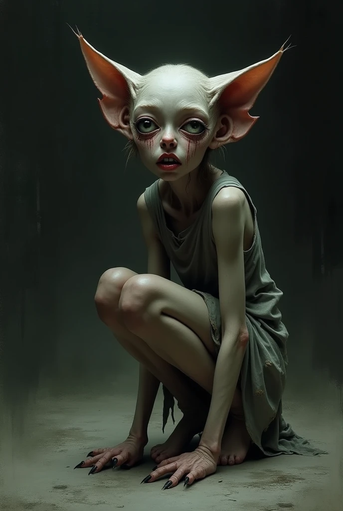 Deformed cat-eared girl posing like a cat